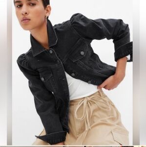 Black cotton denim jacket with puff sleeves